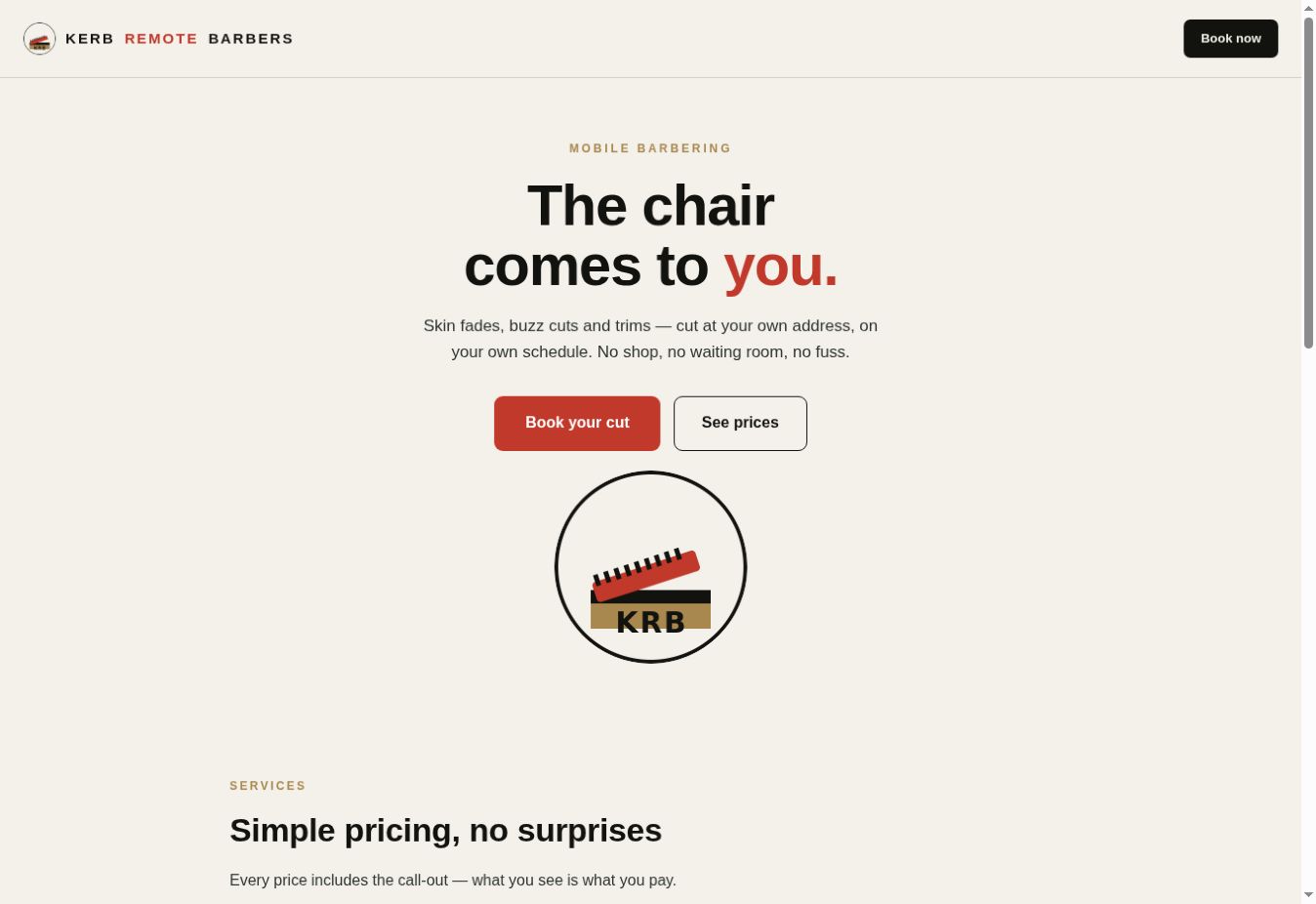 Kerb Remote Barbers live website homepage